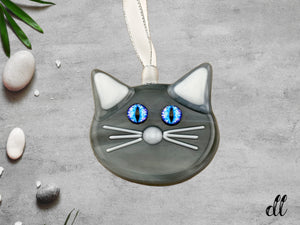 Streaky Grey Cat Bright Blue Purple Multi-Colored Eyes Ornament Suncatcher Streaky Grey Cat Bright Blue Purple Multi-Colored Eyes Ornament Suncatcher