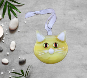 Fused Glass Yellow Cat with Red Eyes Ornament Suncatcher Fused Glass Yellow Cat with Red Eyes Ornament Suncatcher