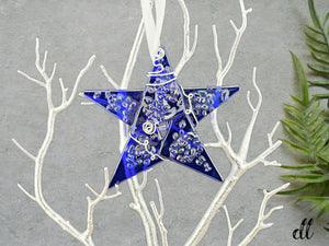 Fused Glass Transparent Cobalt Blue Wire Wrapped Star with Iridescent Accents Fused Glass Transparent Cobalt Blue Wire Wrapped Star with Iridescent Accents