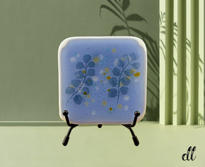 Fused Glass Trinket Dish Blue with White Amber Accent Screen Print Design Fused Glass Trinket Dish Blue with White Amber Accent Screen Print Design