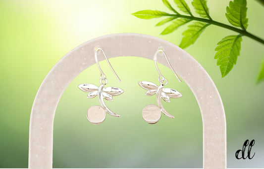 Fused Glass Dragonfly Earrings in a Beautiful Silver Setting with a Crackled Dichroic Round Ball with Fish Hook Findings