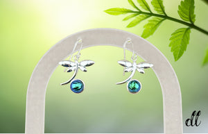 Fused Glass Dragonfly Earrings in a Beautiful Silver Setting with a Crackled Dichroic Round Ball with Fish Hook Findings Fused Glass Dragonfly Earrings in a Beautiful Silver Setting with a Crackled Dichroic Round Ball with Fish Hook Findings
