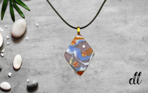 Fused Glass Orange Blue White Clear Diamond Shaped Pendant with Crystal Fused Glass Orange Blue White Clear Diamond Shaped Pendant with Crystal