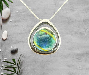Dichroic Fused Glass Blue Green Teardrop Pendant in a Beautiful Silver Setting Dichroic Fused Glass Blue Green Teardrop Pendant in a Beautiful Silver Setting