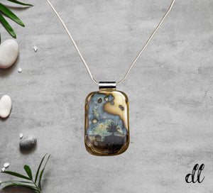 Fused Glass Vanilla, Blue, Earth Tone Pendant Reactive Scene with Enamel Black Tree Fused Glass Vanilla, Blue, Earth Tone Pendant Reactive Scene with Enamel Black Tree