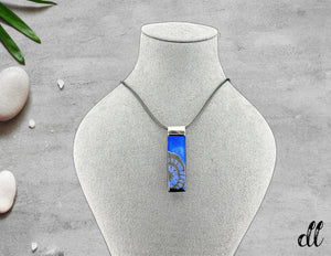 Fused Glass Blue Purple Dichroic Rectangular Pendant Etched with Mandala Designs on a Black base Fused Glass Blue Purple Dichroic Rectangular Pendant Etched with Mandala Designs on a Black base