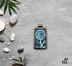 Dichroic Fused Glass Blue Mandala Rectangle Pendant with Flower Design Dichroic Fused Glass Blue Mandala Rectangle Pendant with Flower Design