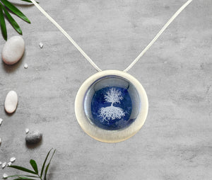 Fused Glass Blue Tree of Life Round Pendant in an Attractive Silver Setting Fused Glass Blue Tree of Life Round Pendant in an Attractive Silver Setting