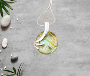 Dichroic Fused Glass Green Pink Gold Round Pendant in a Gorgeous Silver Setting Dichroic Fused Glass Green Pink Gold Round Pendant in a Gorgeous Silver Setting