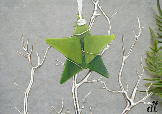 Fused Glass Light Green Dark Green Delicate Blue Accents Silver Wire Wrapped Star