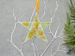 Fused Glass Soft Green Amber Gold Wire Wrapped Star with Amber Ascents Fused Glass Soft Green Amber Gold Wire Wrapped Star with Amber Ascents