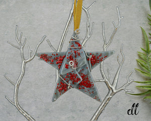 Fused Glass Gray Red Silver Wire Wrapped Star Fused Glass Gray Red Silver Wire Wrapped Star