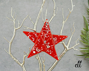 Fused Glass Bright Red White Silver Wire Wrapped Star with Crystal Fused Glass Bright Red White Silver Wire Wrapped Star with Crystal