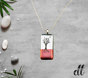 Dichroic Red Orange and Silver Rectangular Pendant with Hand Etched Tree of Life and Crystal Moon Dichroic Red Orange and Silver Rectangular Pendant with Hand Etched Tree of Life and Crystal Moon