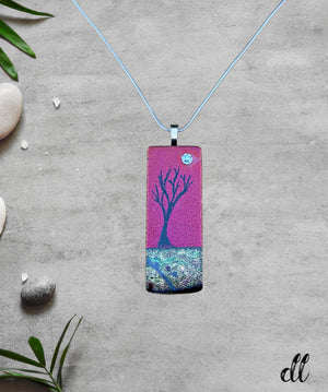 Dichroic Red Orange and Green Yellow Brown Rectangular Pendant with Hand Etched Tree of Life and Crystal Moon Dichroic Red Orange and Green Yellow Brown Rectangular Pendant with Hand Etched Tree of Life and Crystal Moon