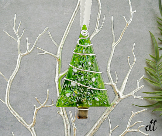 Fused Glass Green with White Clear Iridescent Color Tree Ornament Wire Wrapped in Silver Wire