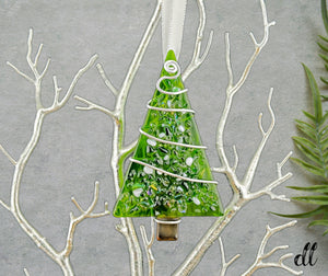 Fused Glass Green with White Clear Iridescent Color Tree Ornament Wire Wrapped in Silver Wire Fused Glass Green with White Clear Iridescent Color Tree Ornament Wire Wrapped in Silver Wire