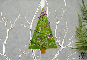 Fused Glass Green Tree Ornament Wire Wrapped in Purple Wire Fused Glass Green Tree Ornament Wire Wrapped in Purple Wire