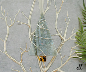 Fused Glass Gray with Clear Iridescent Color Tree Ornament Wire Wrapped in Silver Wire Fused Glass Gray with Clear Iridescent Color Tree Ornament Wire Wrapped in Silver Wire