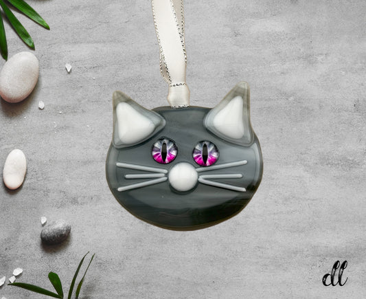 Gray Cat with Pink Purple Black Eyes Ornament Suncatcher