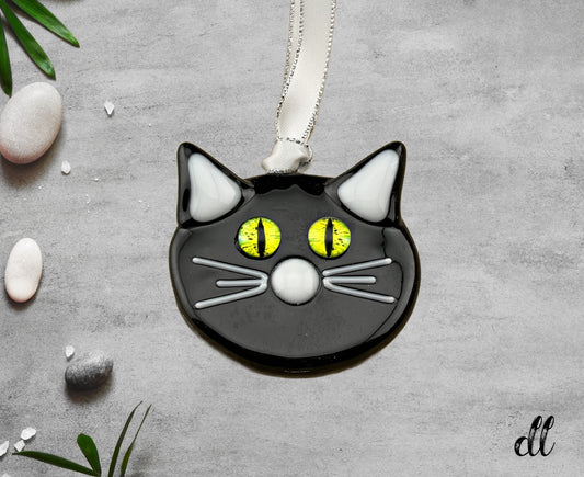 Black Cat with Bright Yellow Green Eyes Ornament Suncatcher