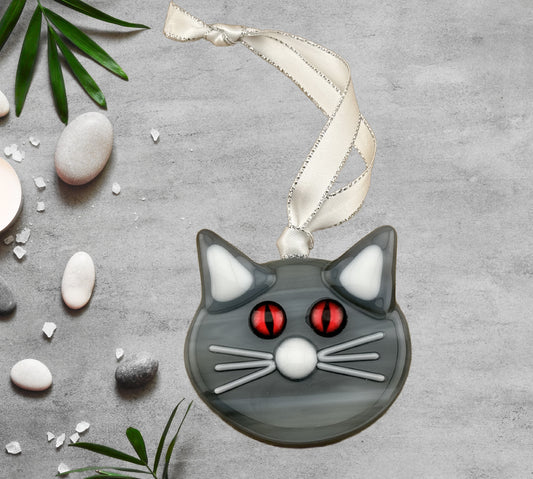 Fused Glass Grey Cat with Red Eyes Ornament Suncatcher