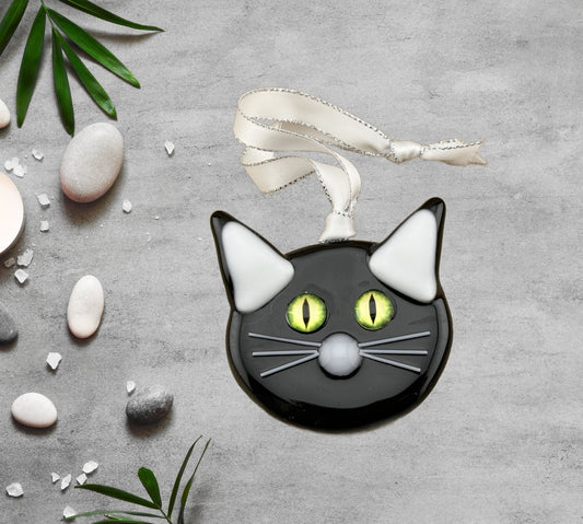 Fused Glass Black Cat with Yellow Eyes Ornament Suncatcher