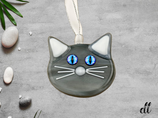 Streaky Grey Cat Bright Blue Purple Multi-Colored Eyes Ornament Suncatcher