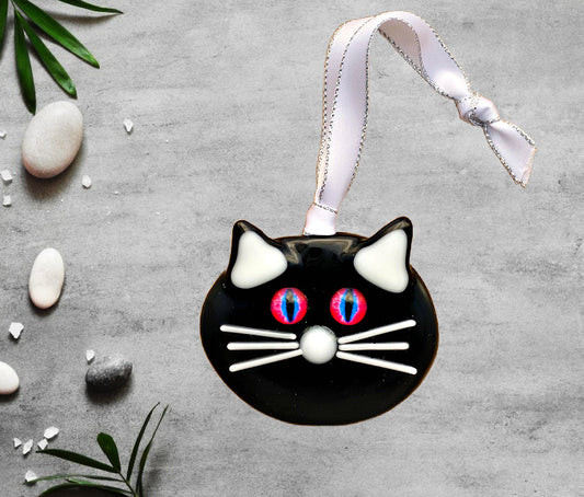 Black Cat with Pink Blue Black Eyes Ornament Suncatcher