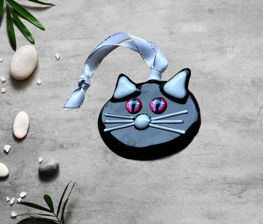 Black Cat with Pink Blue Black Eyes Ornament Suncatcher