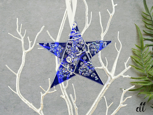 Fused Glass Transparent Cobalt Blue Wire Wrapped Star with Iridescent Accents