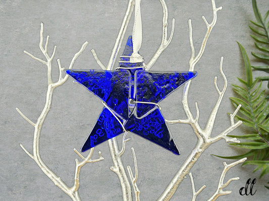 Fused Glass Transparent Cobalt Blue Wire Wrapped Star with Iridescent Accents