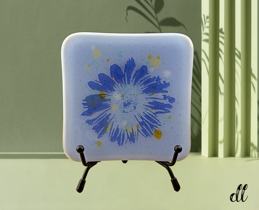 Fused Glass Trinket Dish Blue with Deep Blue Screen Print Flower Design