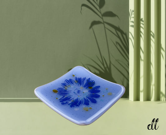 Fused Glass Trinket Dish Blue with Deep Blue Screen Print Flower Design