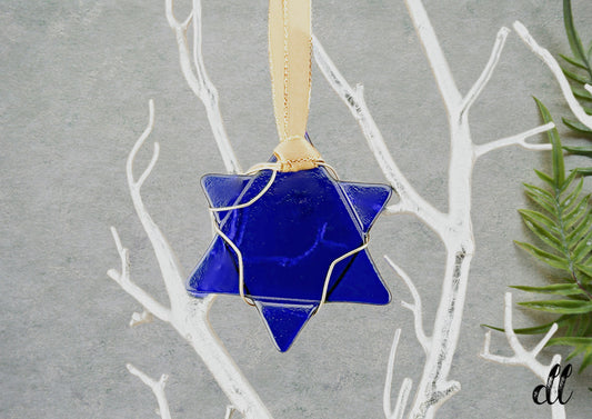 Fused Glass Wire Wrapped Star of David Cobolt Blue