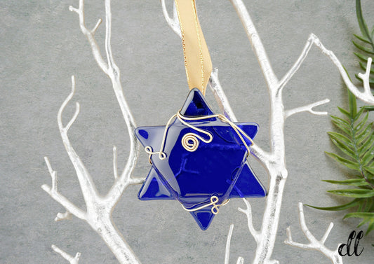 Fused Glass Wire Wrapped Star of David Cobolt Blue