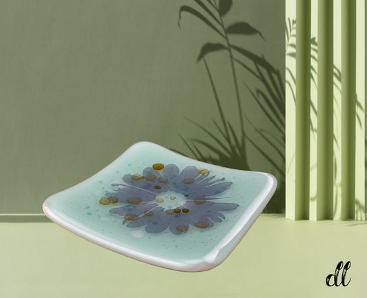 Fused Glass Trinket Dish Green with Blue Screen Print Flower