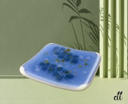 Fused Glass Trinket Dish Blue with White Amber Accent Screen Print Design