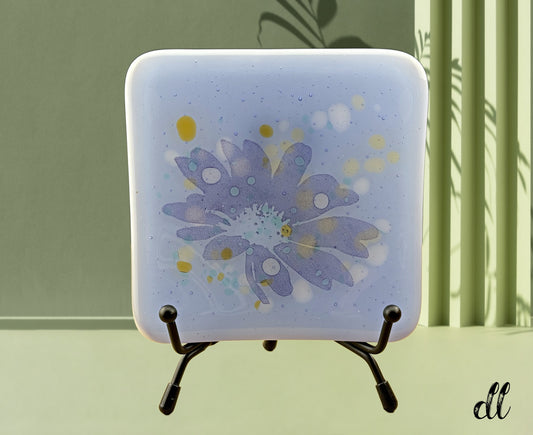 Fused Glass Trinket Dish Soft Blue with Blue Amber White Screen Print Flower Design