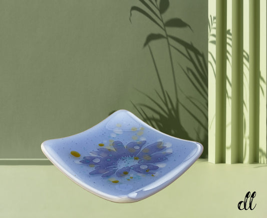 Fused Glass Trinket Dish Soft Blue with Blue Amber White Screen Print Flower Design