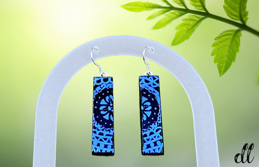 Fused Glass Earrings in Black Blue Dichroic Etched Mandala Design with Silver Fish Hook Findings