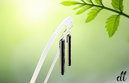 Fused Glass Earrings in Black Blue Dichroic Etched Mandala Design with Silver Fish Hook Findings