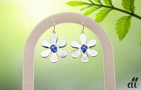 Fused Glass Flower Earrings in Stunning Blue Silver Setting with Fish Hook Findings