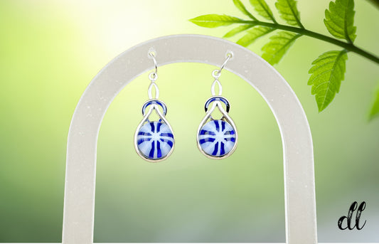 Fused Glass Earrings with Round Murrini in Beautiful Celtic Knot Teardrop Silver Setting with Fish Hook Findings