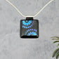 Dichroic Fused Glass Mandala Square Pendant with Etched Blue Design