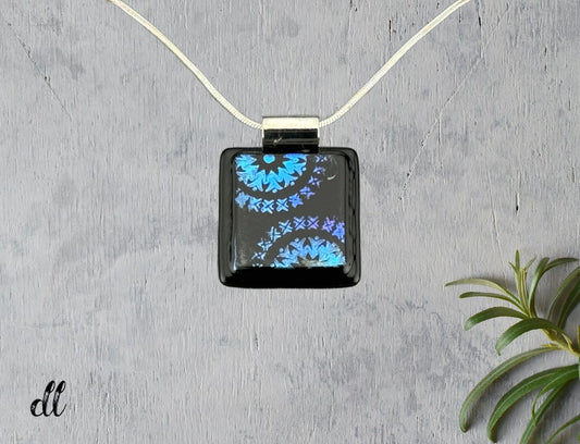 Dichroic Fused Glass Mandala Square Pendant with Etched Blue Design