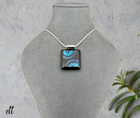 Dichroic Fused Glass Mandala Square Pendant with Etched Blue Design