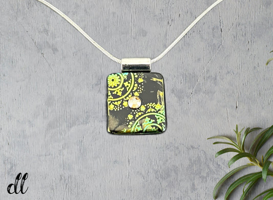 Fused Glass Yellow Green Dichroic Square Pendant Etched with a Mandala Design