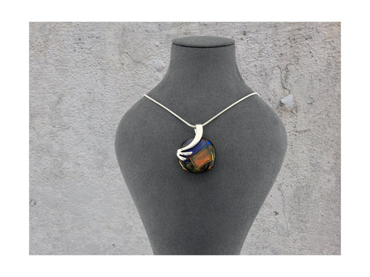 Dichroic Fused Glass Black Blue Orange Gold Round Pendant in a Gorgeous Silver Setting