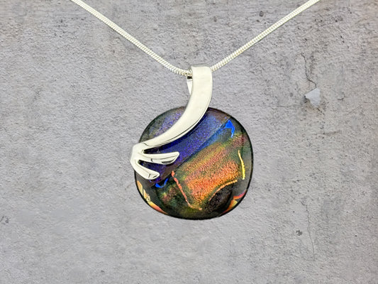 Dichroic Fused Glass Black Blue Orange Gold Round Pendant in a Gorgeous Silver Setting